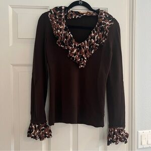 Tory Burch Brown Merino Wool Sweater w/ Silk Polka Dot Removable Accents  Small